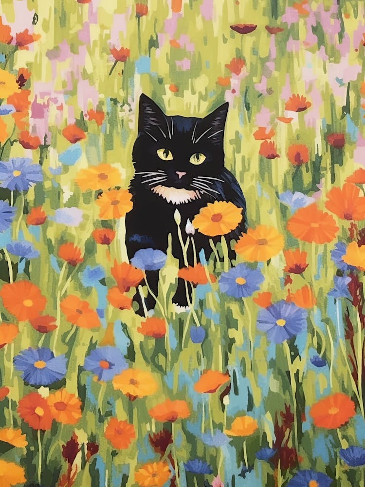 A Black Cat Painting In A Field Of Flowers