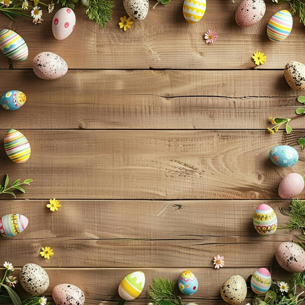 Easter Themed Wooden Table From Above Featuring 1