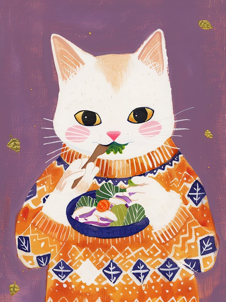 Cute White Tan Cat Eating Salad Folk Illustration 1