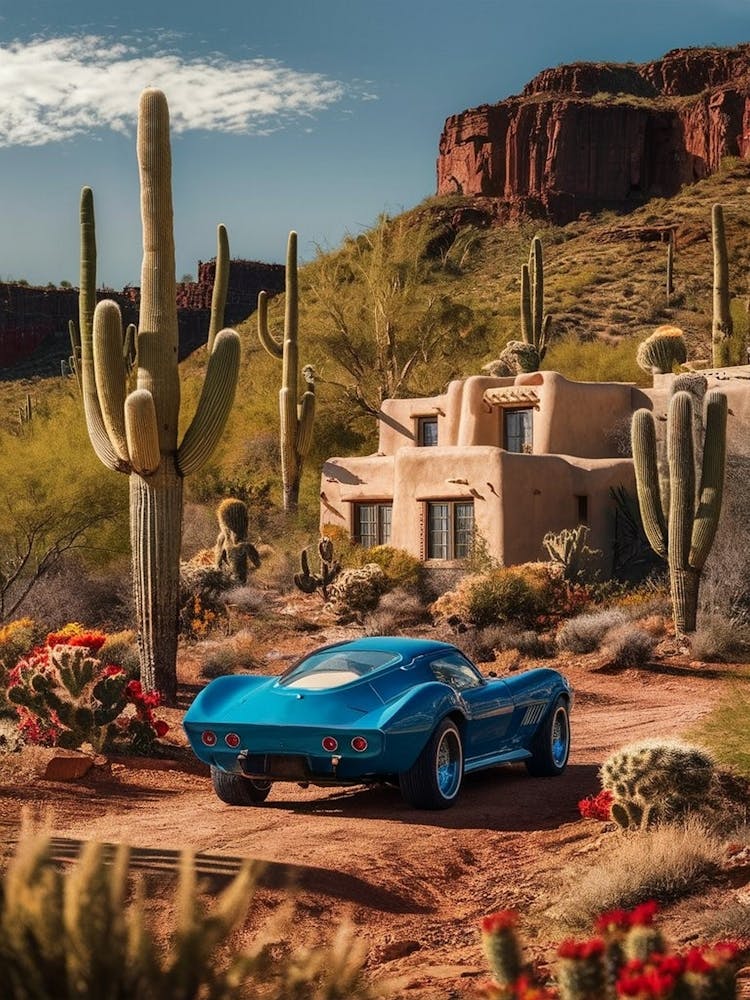 Blue Corvette In The Desert