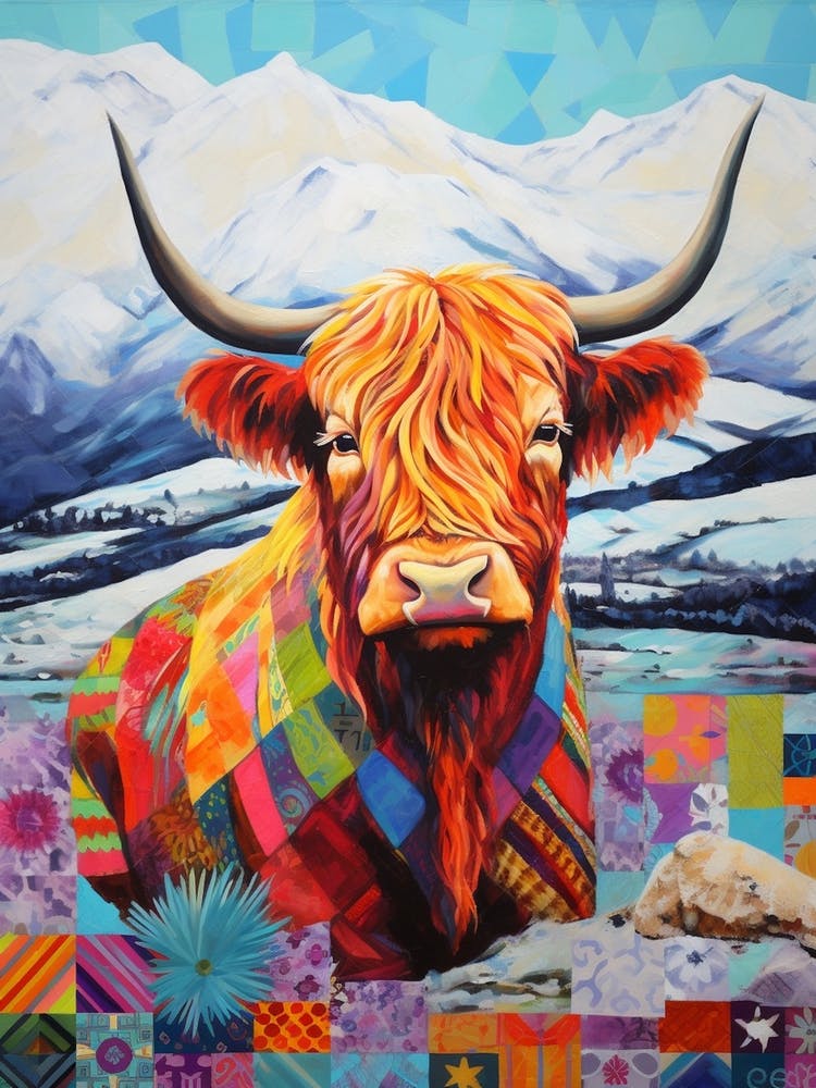 Patchwork Highland Cow With The Snowy Mountains