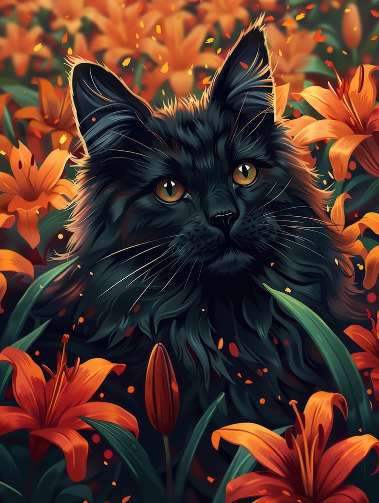 Black Cat In Lilies