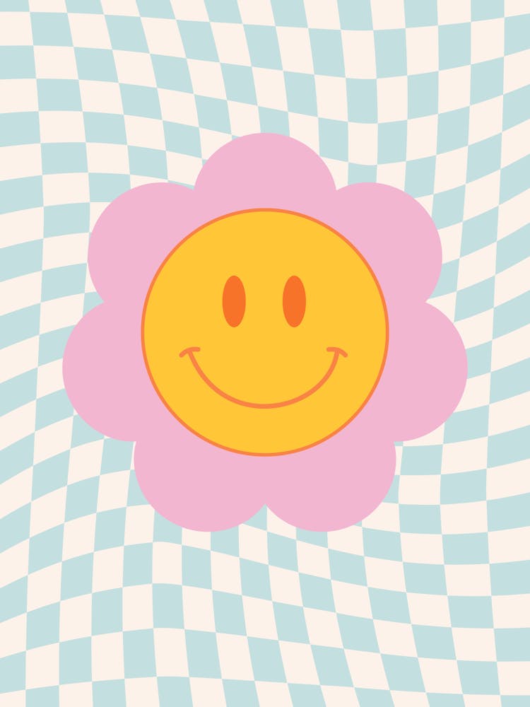 Groovy Smiley Face, funky, vintage, retro, funk, cool, dorm, college, decor, indie, checkerboard, preppy, smiley, aesthetic, happy, positive, vibes