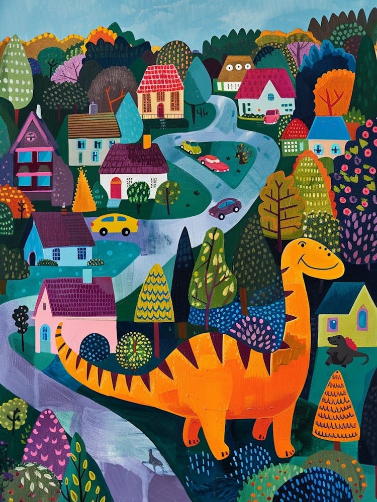 Cute Colourful Dinosaur In A Village 4