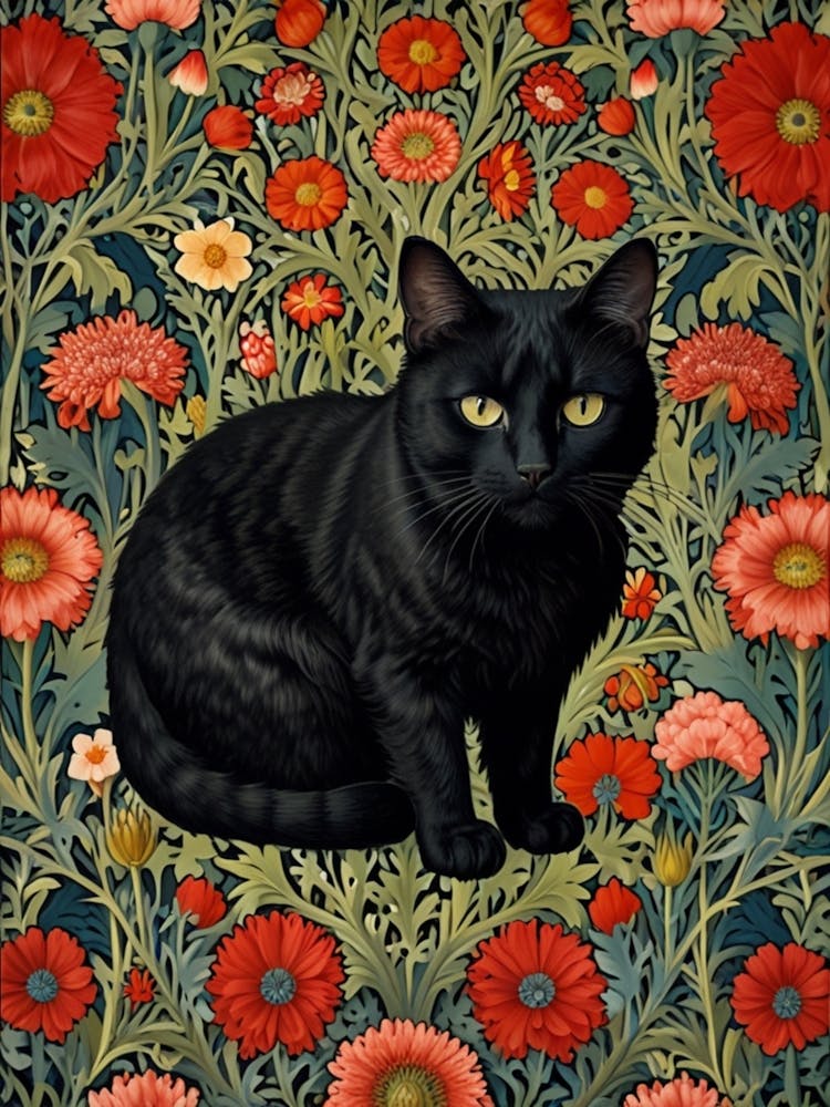William Morris Black Cat In Flowers 9