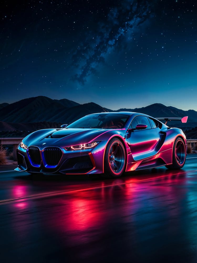 BMW neon car at night, a racing star. Synthwave vibes and futuristic design create a fast, automotive masterpiece.