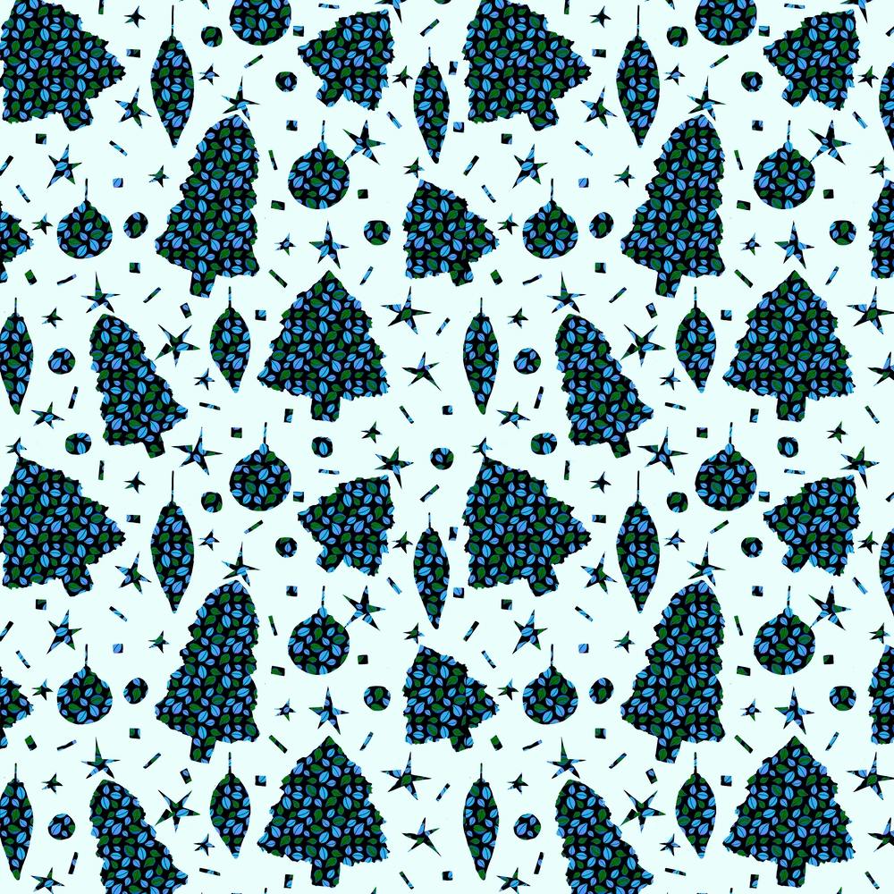 Christmas Trees And Bulbs Blue Green Leaves On Blue