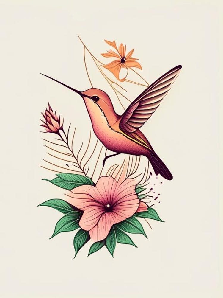 Hummingbird Surrounded By Flowers Retro Minimal