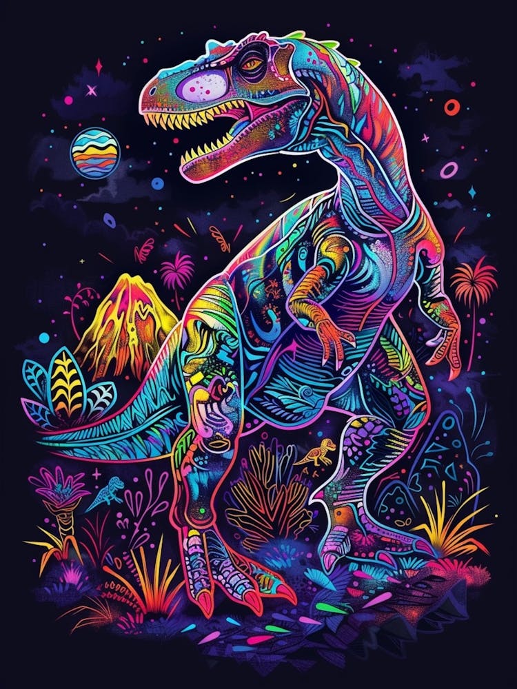 Neon Dinosaur Volcanic Landscape 1