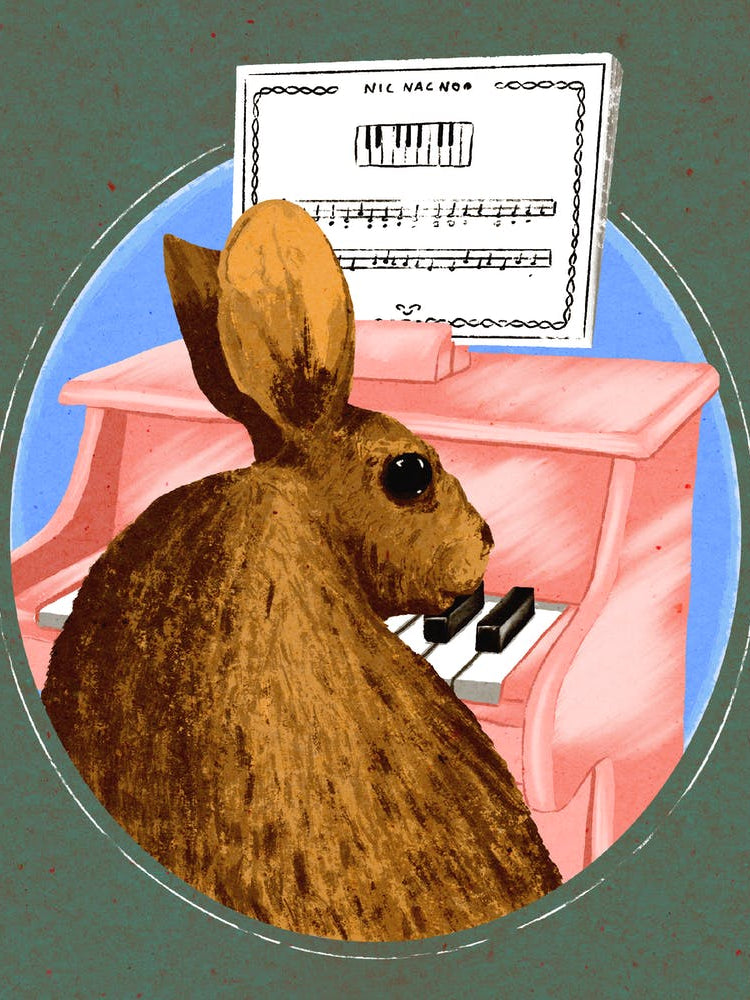 Bunny and piano, rabbit, music, illustration, wall art
