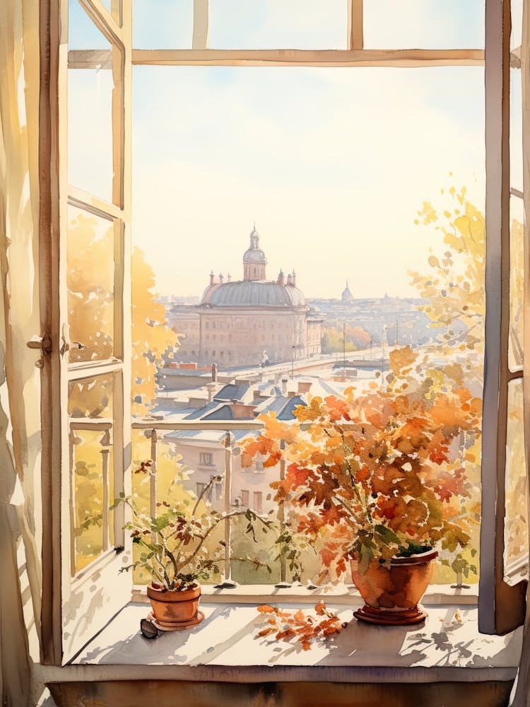 Window View Of Belgrade Serbia In Autumn Fall, Watercolour 4