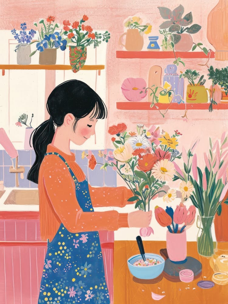 Mädchen mit Blumenstrauß Lo Fi Kawaii Illustration 4