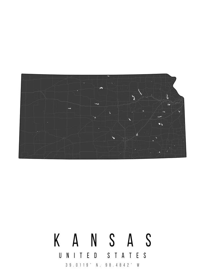Kansas Mono Black And White Modern Minimal Street Map
