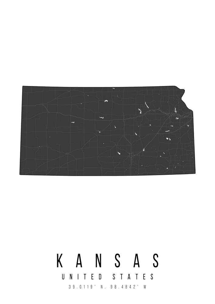 Kansas Mono Black And White Modern Minimal Street Map