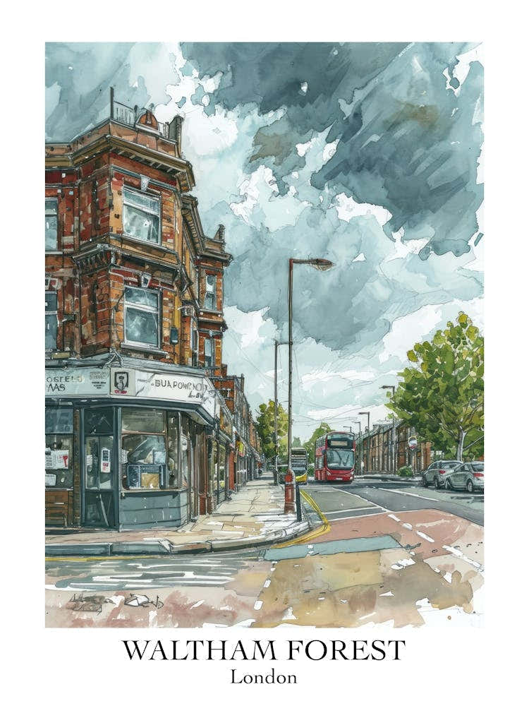 Waltham Forest London Borough   Street Watercolour 3 Poster