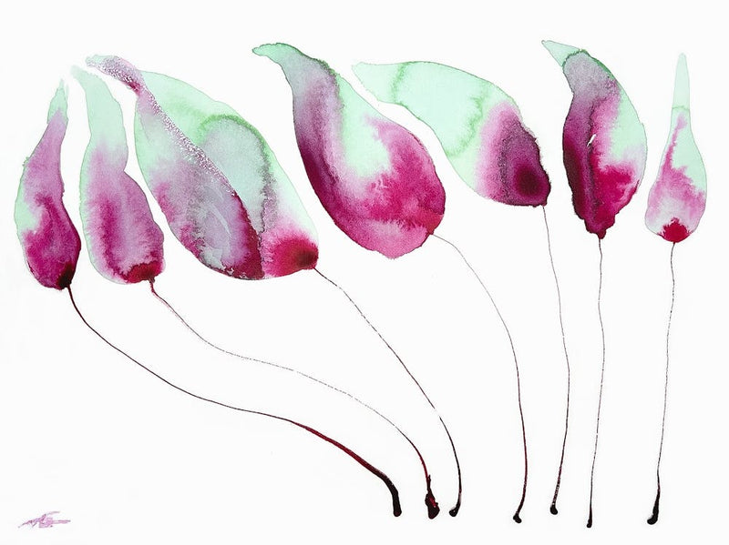 Abstract Florals in Crimson and Mint, Acrylic ink and gouache on cotton paper