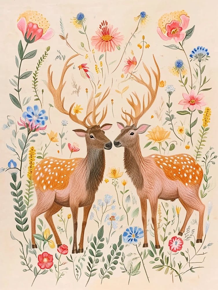 Folksy Floral Animal Drawing Elk 2