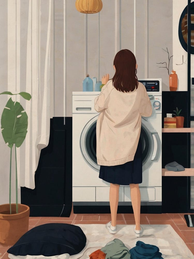 Fille Devant Machine à Laver