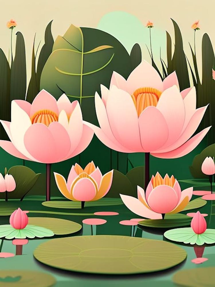 Lotus Flowers In Park Scandi Cartoon 6