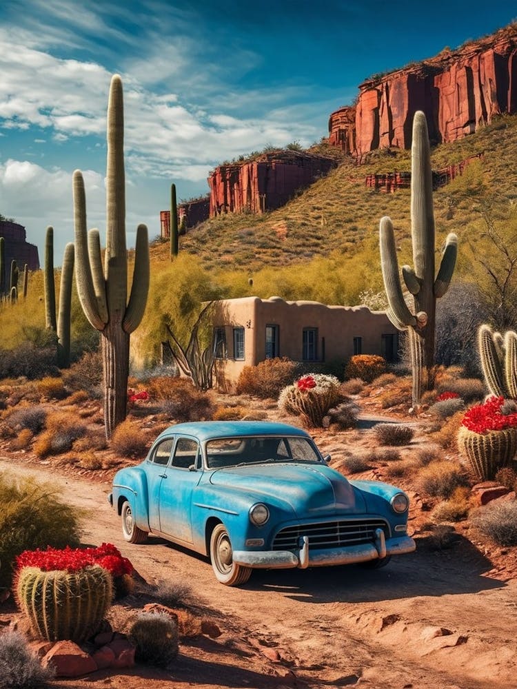 Old Blue Car In Desert