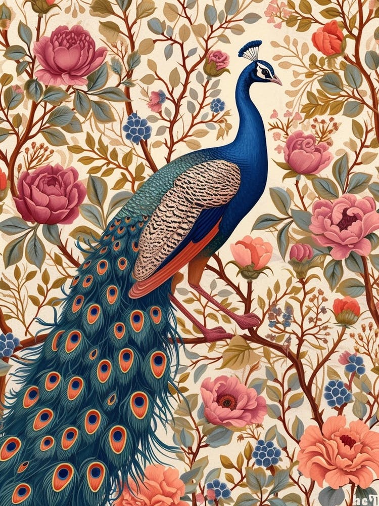 Cream Vintage Floral Peacock Wallpaper 5