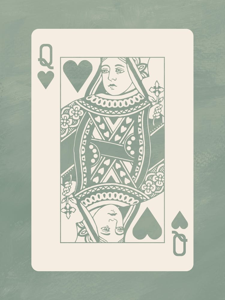 Queen Of Hearts in Sage, College Art, Trendy Card Art, Preppy, y2k