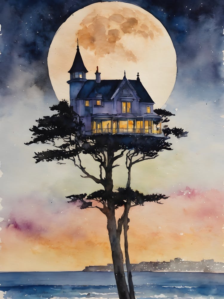 Treehouse ~ Witches Watercolor Mansion Full Moon Witchy Spiritual Pagan Artwork, By The Sea, Manifesting Fairytale