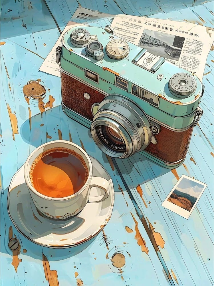 Alte Kamera und Tasse Kaffee