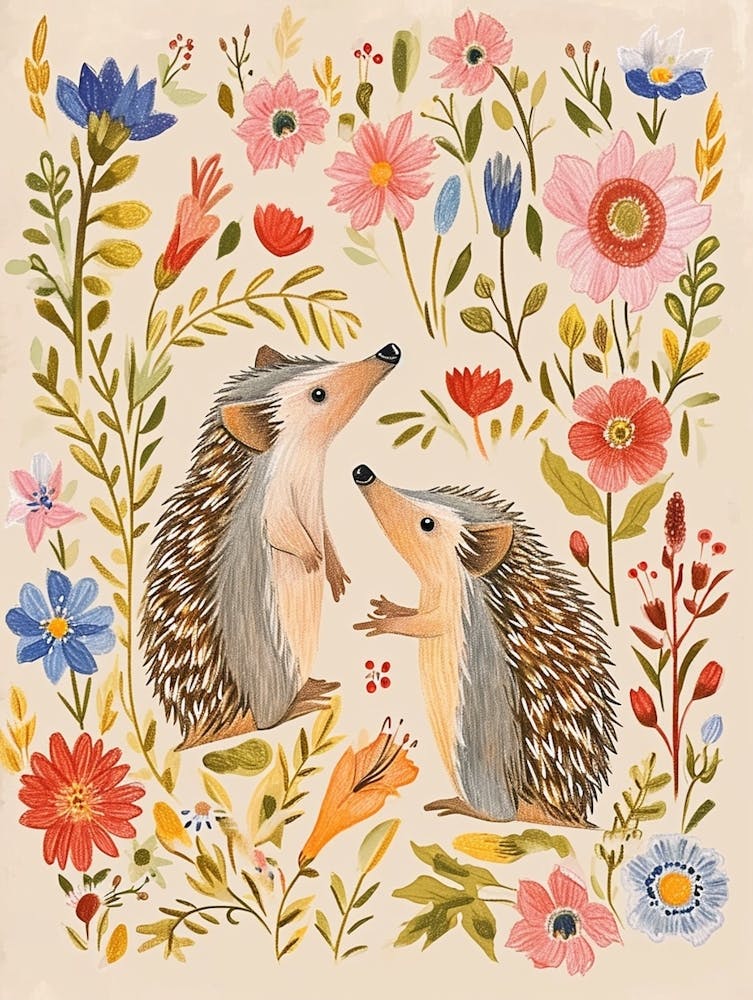 Folksy Floral Animal Drawing Hedgehog