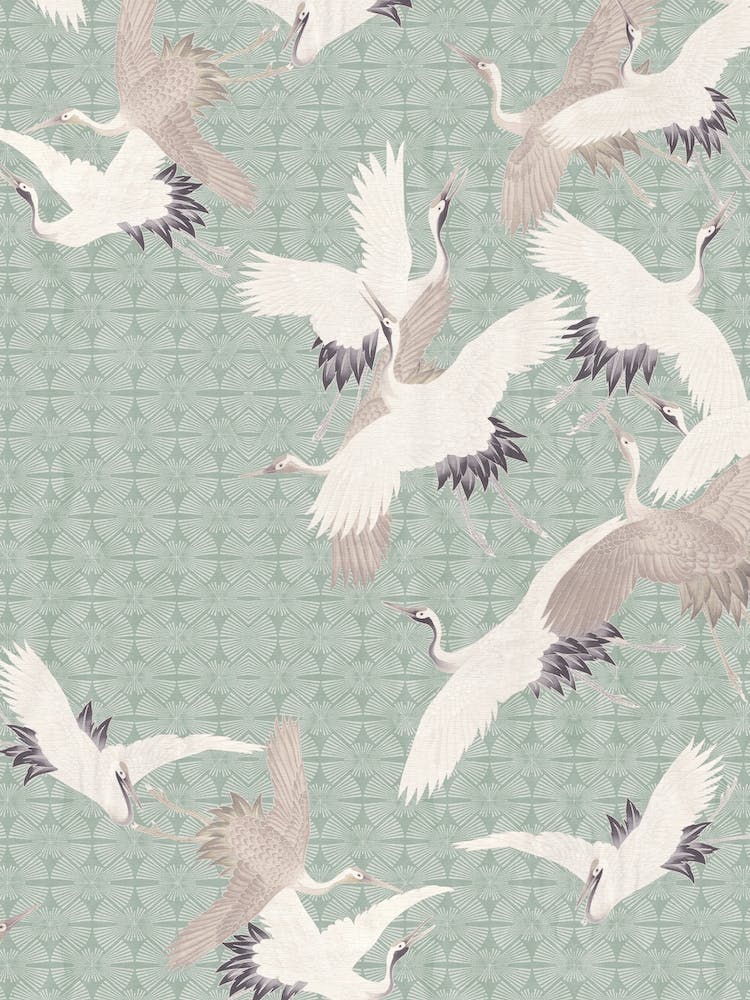 Vintage Japanese Crane Birds Flight Teal
