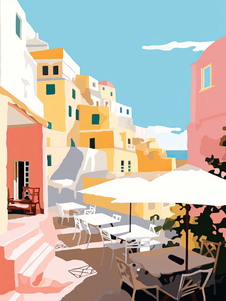 Oia, Greece, Flat Pastels Tones Illustration 3