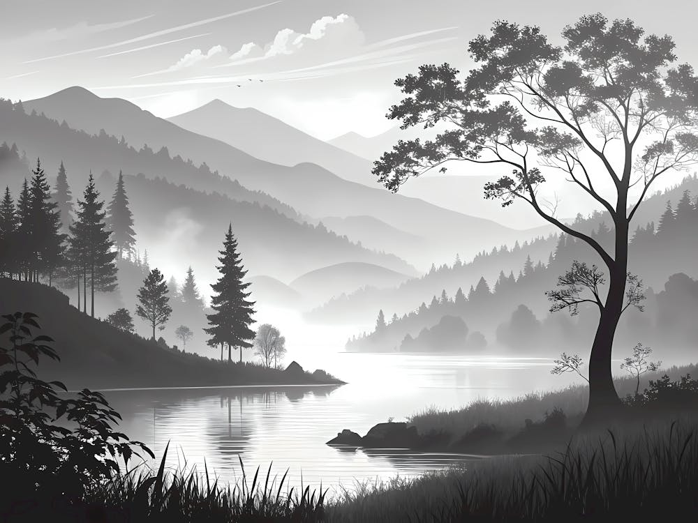 Retro Vintage Style A Lake Surrounded By Mist Cove