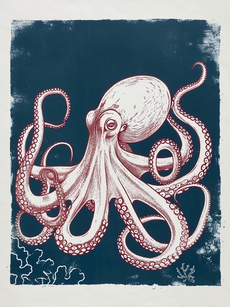 Retro Red Navy Octopus Linocut Style 7