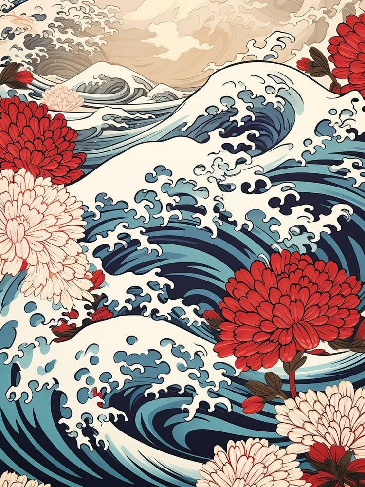 Große Welle mit Chrysanthemenblüten-Zeichnung im Stil von Ukiyo E 4