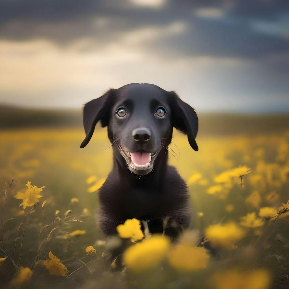 Black Dog In A Field Of Yellow Flowers