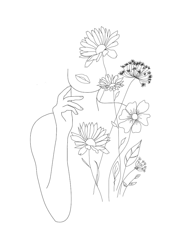 Minimal Line Art Woman with Flowers III