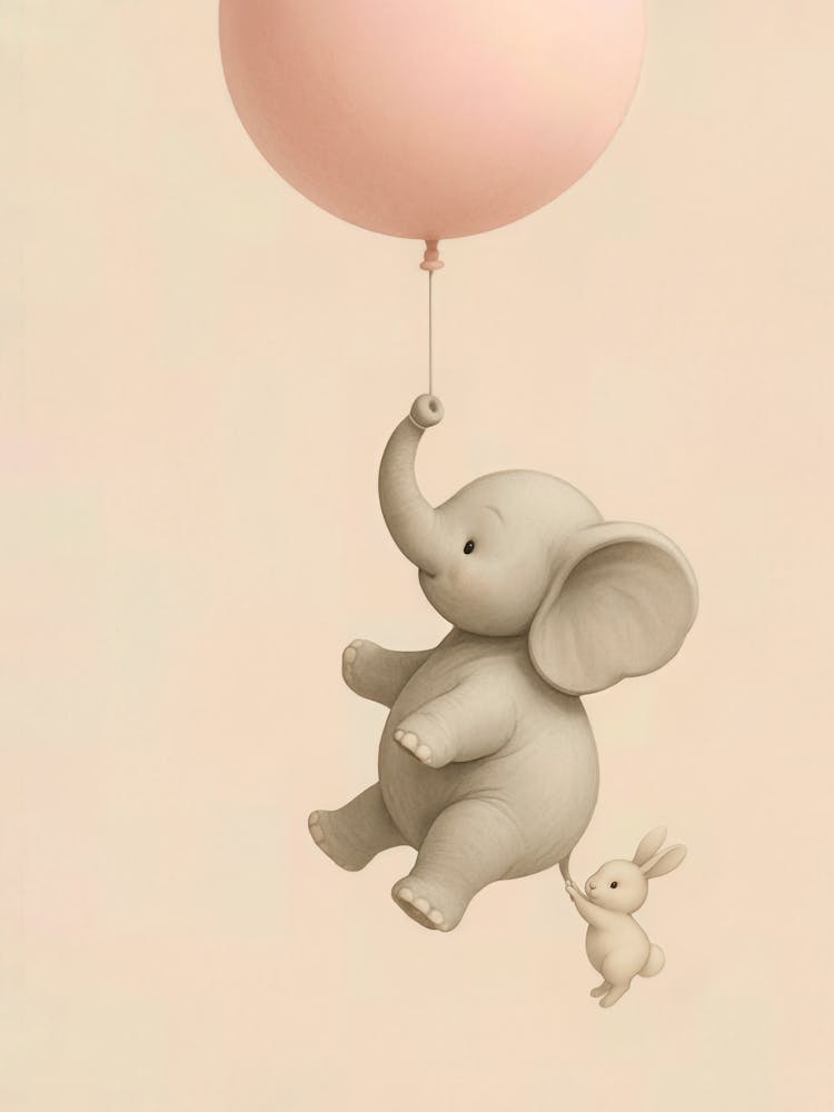 Elephant and Bunny Balloon Ride – Flying Friends Poster: A dreamy moment of friendship as an elephant and bunny float with a balloon through pastel skies. Full of joy, imagination, and uplifting love – perfect for nurseries, baby rooms, and soft-hearted a