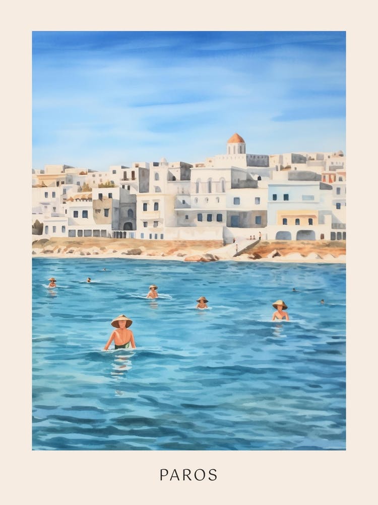 Swimming In Paros Greece Watercolour Poster