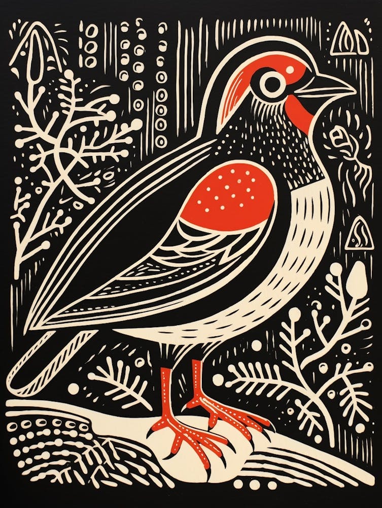 B&W Bird Linocut Partridge 3