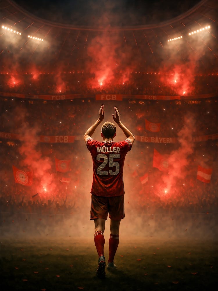 Thomas Müller Poster – Bayern Legend Farewell Moment: An iconic night at the Allianz Arena – Thomas Müller, Bayern’s captain and Bundesliga legend, celebrates a career full of goals, passion, and titles. A tribute to his champions league legacy and German