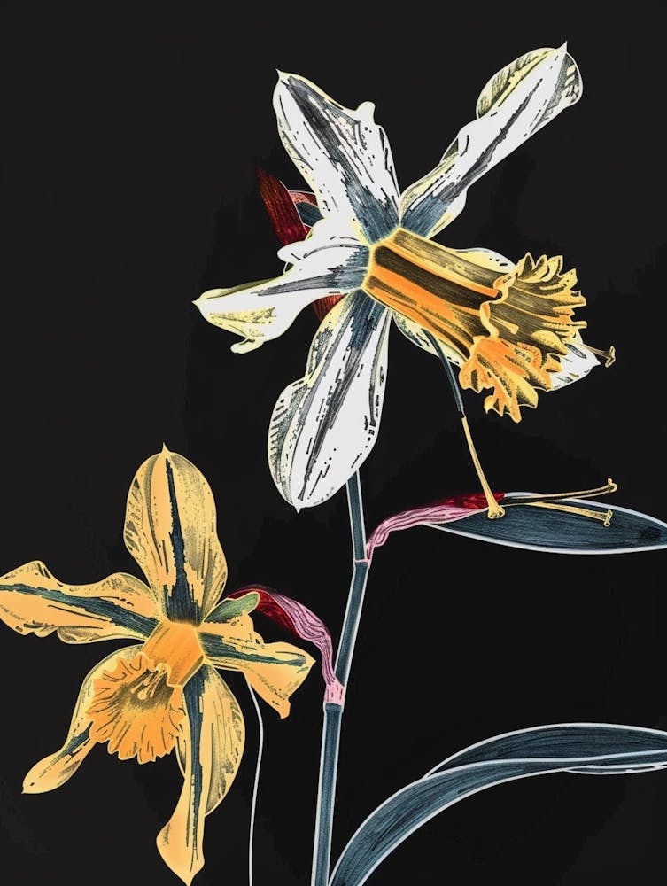 Neon Flowers On Black Daffodil 1
