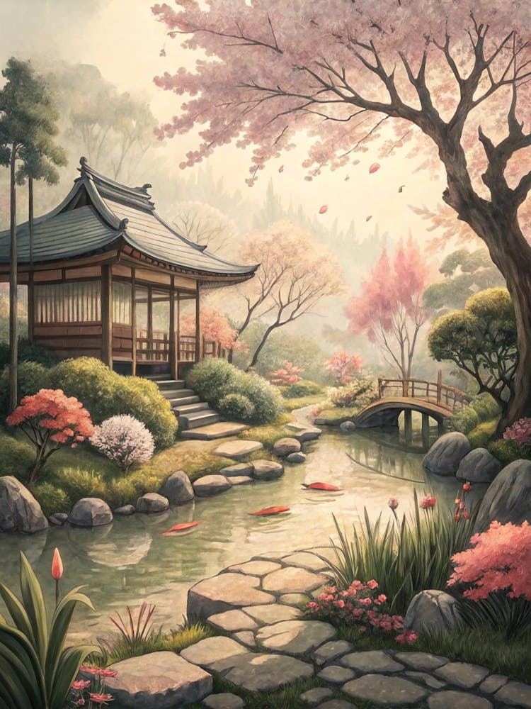 Oil Painting Style Stylized Garden In Japanese Ink