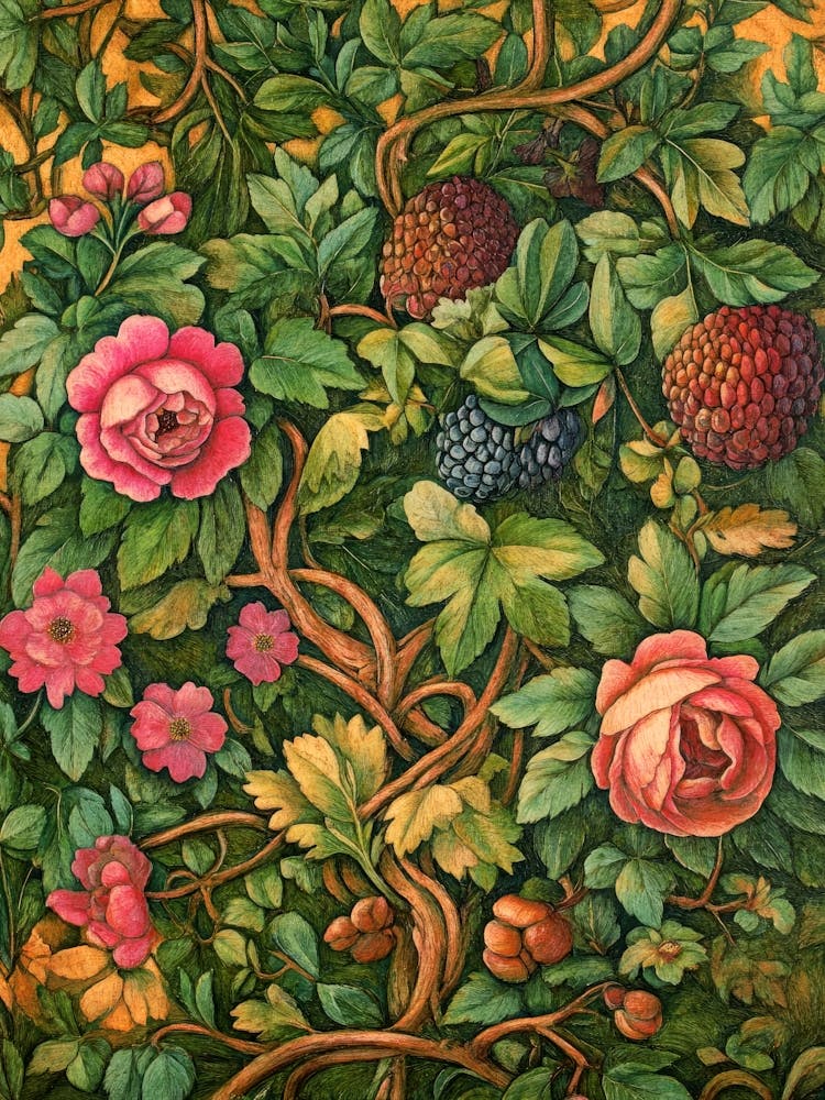 William Morris style whimsical nature wall art cozy bedroom, Earthy Green Vintage botanical illustration, Art nouveau Intricate floral artwork, Folk art inspired Flower Garden print Cottagecore Decor