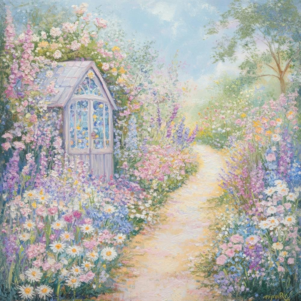 french garden scene with blooming flowers 1