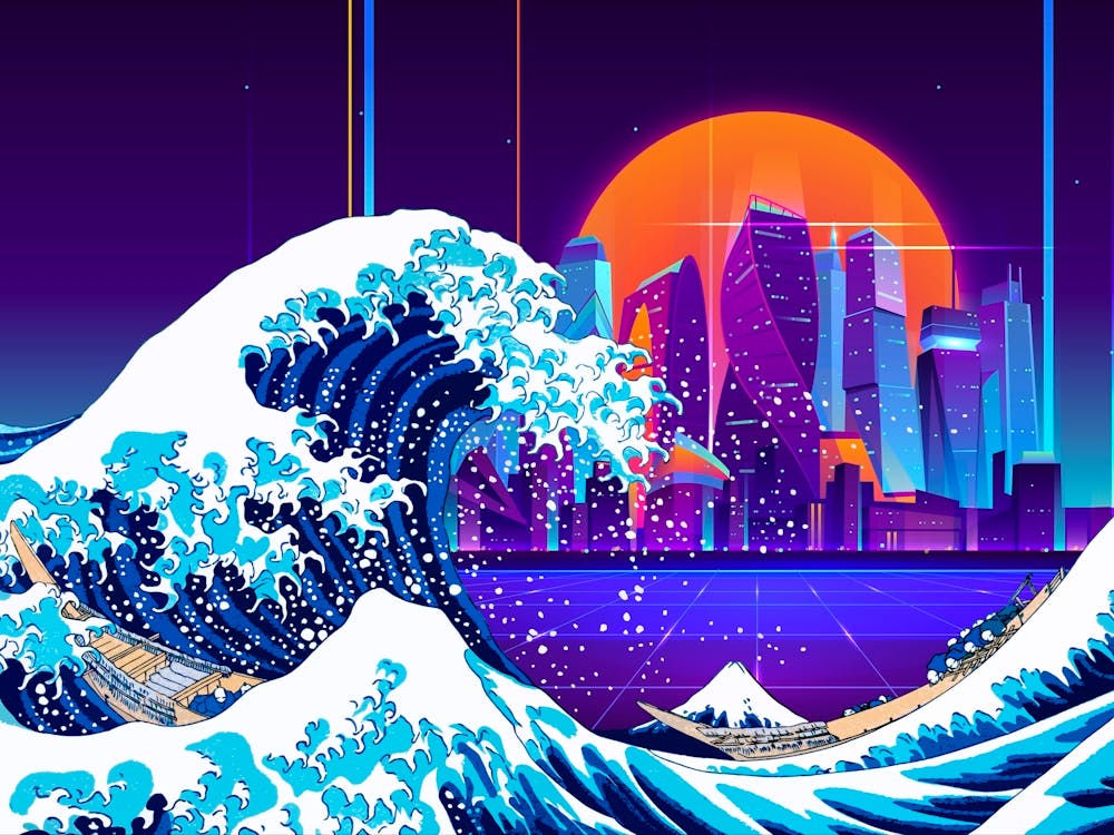 Synthwave Space: The Great Wave off Kanagawa & City [synthwave/vaporwave/cyberpunk] — aesthetic poster, retrowave poster, neon poster 1
