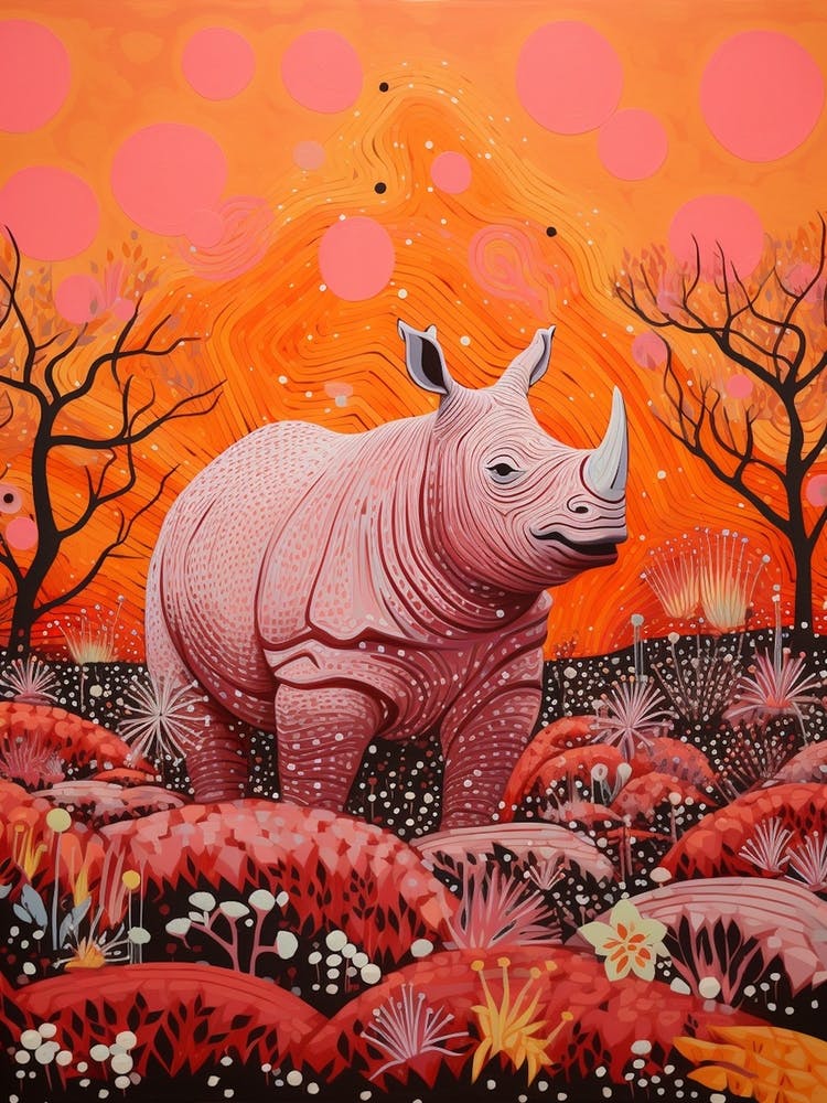 Floral Abstract Orange Linocut Inspired Rhino 3