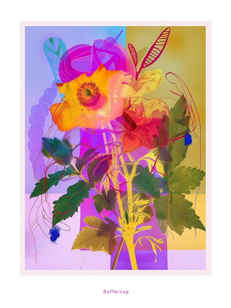 Hahnenfuß 3 Neon Blumen Collage Plakat