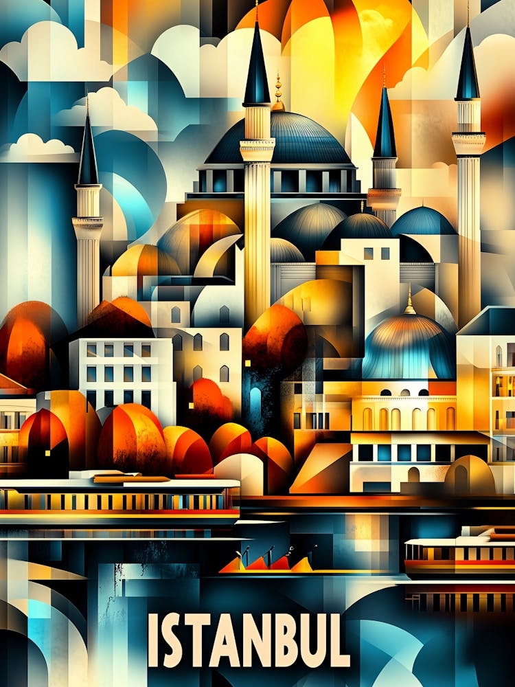 Istanbul Cubist Harmony – Affiche d'Art Paysage Urbain Géométrique