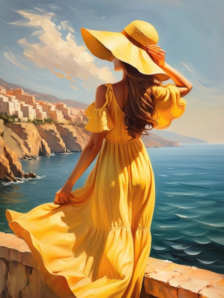 Woman in summer dress looking at the sea 5