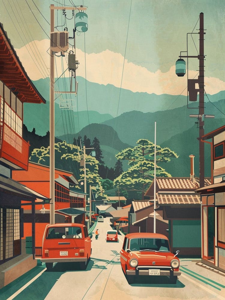 Japan Street With Cars Mid Century Modern